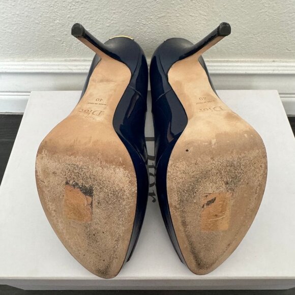 MISS DIOR Escarpin11 Patent Leather Navy Bleu fonce Veau Peep Toe Platform EU 40 - Picture 9 of 13